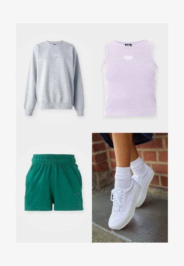 Grauer Sweatshirt mit langen Ärmeln, rundem Halsausschnitt, gerippten Bündchen und Saum. Verfügt über ein kleines weißes Logo auf der Brust. Material aus Baumwollmischung.; Helllila, geripptes, ärmelloses Croptop mit kleinem weißem, gesticktem Logo in der Mitte nahe dem Ausschnitt.; Grüne lässige Shorts mit elastischem Bund, Seitentaschen und dezentem Logo am rechten Oberschenkel.; Weiße Leinensneaker mit Gummisohlen, ausgestattet mit sechs Ösen, runder Zehenpartie und dezenten Nähten, kombiniert mit weißen Knöchelsocken.