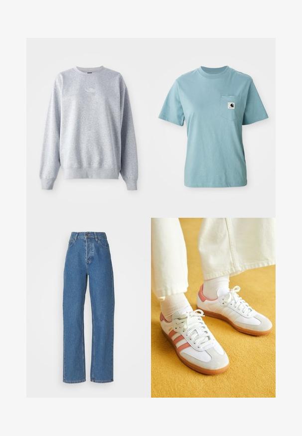 Grå sweatshirt med lange ærmer, rund halsudskæring, ribbede manchetter og kant. Har et lille hvidt logo på brystet. Materialet er en blanding af bomuld.; Lyseblå kortærmet bomulds T-shirt med brystlomme og et lille sort-hvidt Carhartt logo patch.; Højtaljede, lige ben blå jeans med en falmet finish. Har fem lommer, en knaplukning og subtile stikninger.; Hvide sportsko med lyserøde accenter, lavet af ruskind og læder, rund tå og gummisål, vist med lyse sokker på en gul baggrund.
