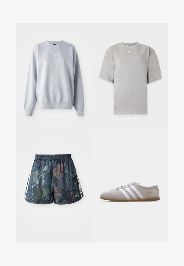 Grijze sweatshirt met lange mouwen, ronde halslijn, ribgebreide boorden en zoom. Bevat een klein wit logo op de borst. Gemaakt van een katoenmix.; Lichtgrijs Adidas T-shirt met korte mouwen, ronde hals en klein wit Adidas-logo op de borst, weergegeven op een effen achtergrond.; Volwassen shorts met een meerkleurig bladdesign op een donkere achtergrond, voorzien van een elastische tailleband en zijstrepen in het wit.; Grijze suede sneaker met witte leren strepen en gouden logo detail. Platte gum zool, ronde neus en klassiek vetersluitingssysteem.