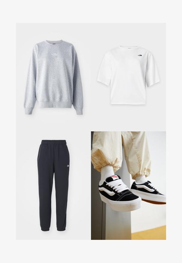 Grå sweatshirt med lange ærmer, rund halsudskæring, ribbede manchetter og kant. Har et lille hvidt logo på brystet. Materialet er en blanding af bomuld.; Hvid T-shirt med korte ærmer og rund hals med The North Face-logo i sort på venstre bryst.; Sorte sweatpants med elastisk talje, to sidelommer og et lille hvidt logo på venstre hofte. Fremstillet af blødt stof med en glat overflade.; Person iført sorte og hvide Vans sneakers med hvide snørebånd, hvide sokker og beige bukser med elastiske manchetter.