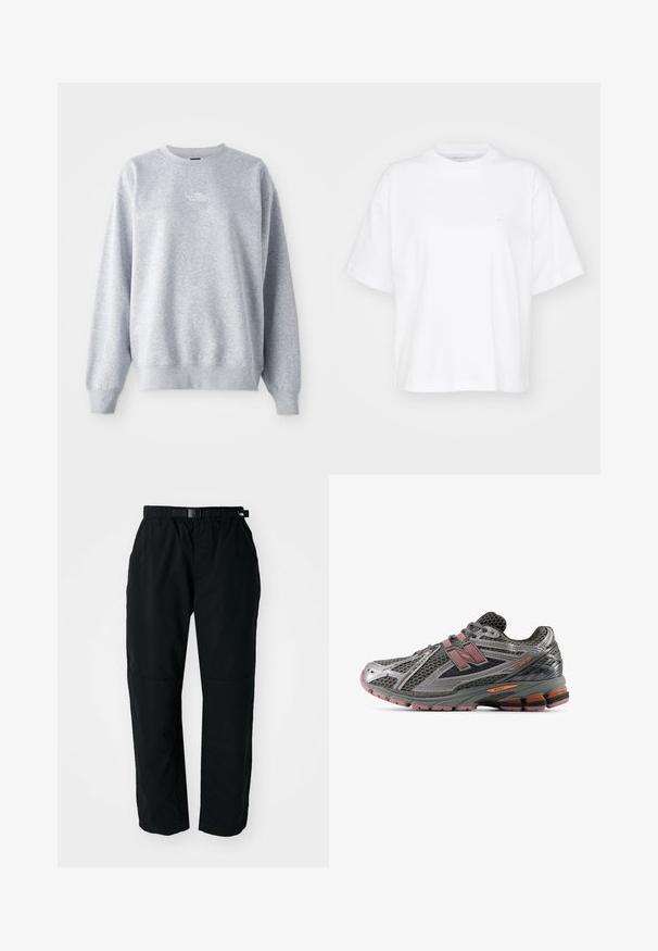 Grå sweatshirt med lange ærmer, rund halsudskæring, ribbede manchetter og kant. Har et lille hvidt logo på brystet. Materialet er en blanding af bomuld.; Hvid bomulds t-shirt med rund hals, korte ærmer og en afslappet pasform. Har et diskret logo på venstre brystområde. Glat tekstur.; Sorte letvægtsbukser med elastisk talje og justerbart bælte. Har tapered ben og forstærkede knæpaneler for holdbarhed.; Grå netløbesko med lyserøde og sorte detaljer, tekstureret overflade, forstærket tå og synlig støddæmpningsteknologi i sålen.