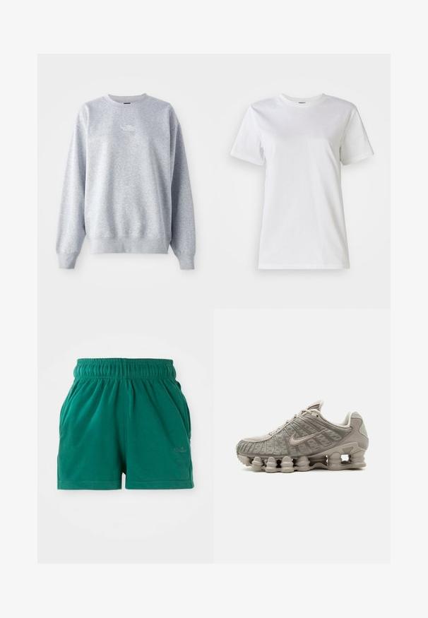 Sweat-shirt gris à manches longues, col rond, avec des poignets et un ourlet côtelés. Présente un petit logo blanc sur la poitrine. Matière en mélange de coton.; T-shirt en coton blanc avec un col rond et des manches courtes. Le tissu est lisse avec une texture douce et sans motifs ni accents visibles.; Shorts décontractés verts à taille élastique avec poches latérales et logo discret sur la cuisse droite.; Baskets Nike Shox beige clair avec semelle amortissante visible en forme de colonne et détails en mesh sur la tige.