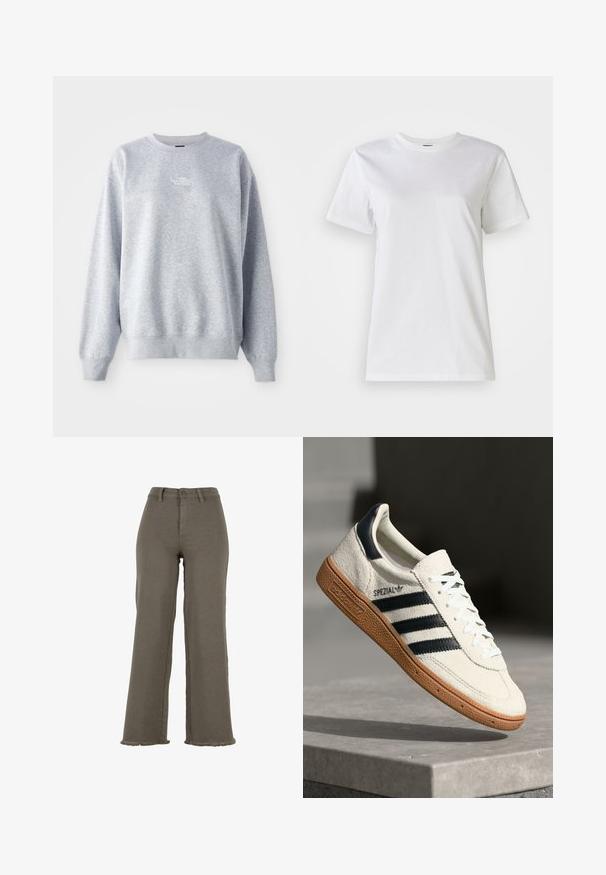 Grå sweatshirt med lange ærmer, rund halsudskæring, ribbede manchetter og kant. Har et lille hvidt logo på brystet. Materialet er en blanding af bomuld.; Hvid bomulds t-shirt med rund hals og korte ærmer. Stoffet er glat med en blød tekstur og uden synlige mønstre eller detaljer.; Højttaljede olivengrønne vidde bukser med knap- og lynlåslukning, bærestropper og frynsede kanter.; Hvide ruskinds sneakers med marineblå striber, gummisål, struktureret overdel, rund tå og snøring; har branding på siden og tungen.