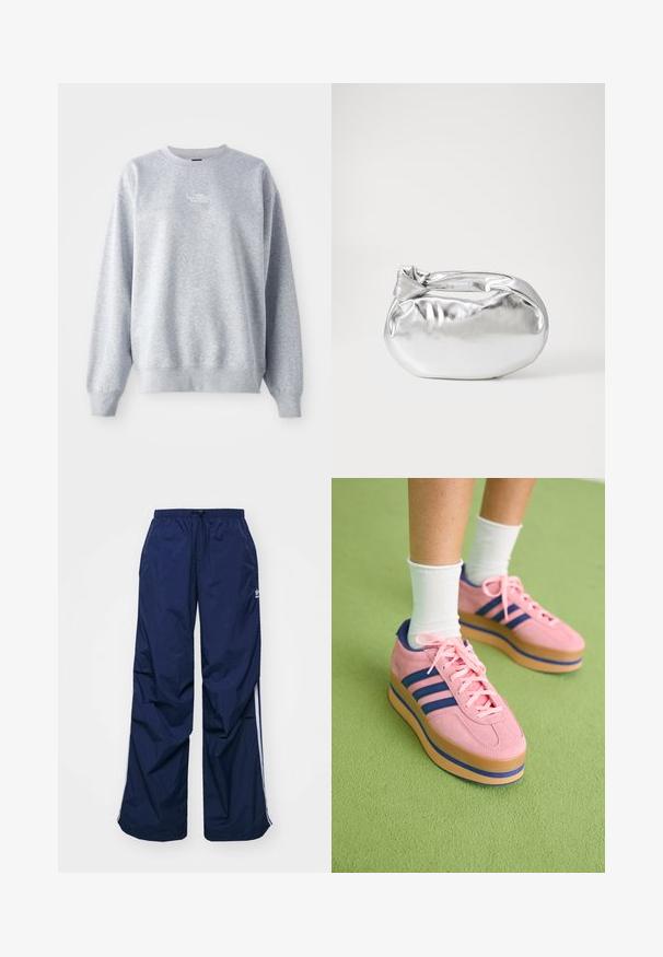 Grå sweatshirt med lange ærmer, rund halsudskæring, ribbede manchetter og kant. Har et lille hvidt logo på brystet. Materialet er en blanding af bomuld.; Marineblå, letvægtsbukser med elastik i taljen og snøre, med hvide sidelister og et lille logo foran. Løs pasform.; Lyserøde ruskinds platform sneakers med blå striber og lyserøde snørebånd. Tyk tan sål med blå accent. Båret med hvide ankelstrømper på en grøn overflade.; Sølvmetallic pose med en blød, rund form og en knyttet lukning foroven. Fremstillet af glat faux lædermateriale.