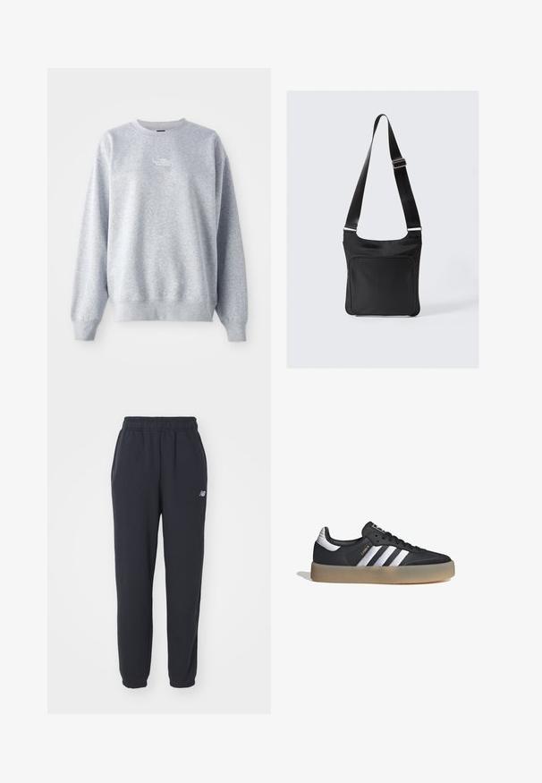 Sudadera gris de manga larga, con cuello redondo, puños y dobladillo acanalados. Presenta un pequeño logo blanco en el pecho. Material de mezcla de algodón.; Pantalones deportivos negros con una cinturilla elástica, dos bolsillos laterales y un pequeño logotipo blanco en la cadera izquierda. Fabricados con una tela suave de textura lisa.; Zapatilla deportiva de cuero negro con tres rayas plateadas, punta texturizada y suela de goma. Cuenta con un collar acolchado y un diseño con cordones.; Bolsa de hombro negra de nailon con un diseño plano, correa ajustable y bolsillo con cremallera en el frontal. Presenta una textura suave y un estilo minimalista.