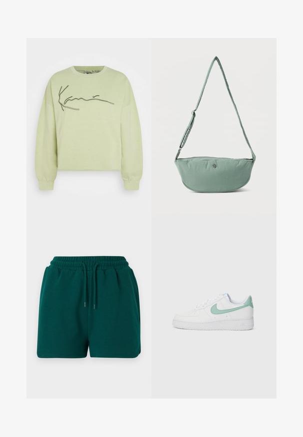 Hellgrüner Rundhalsausschnitt-Pullover mit langen Ärmeln, der ein besticktes Signaturdesign in dunklerem Grün auf der Vorderseite aufweist.; Dunkelgrüne elastische Shorts mit Kordelzug, Seitentaschen und glatter Stoffstruktur, vor einem einfarbigen Hintergrund dargestellt.; Weiße Leder-Sneaker mit einem mintgrünen Nike-Swoosh und Ferseneinsatz, strukturiertem Außensohlen und klassischem Schnürdesign.; Hellgrüne Umhängetasche aus Stoff mit verstellbarem Riemen und kleinem Metalllogo auf der Vorderseite, vor schlichtem weißem Hintergrund dargestellt.