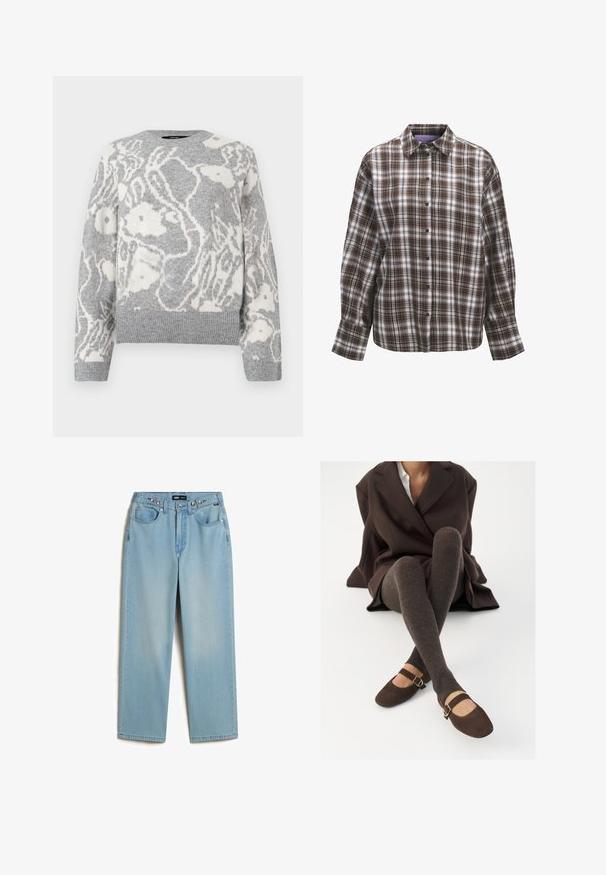 Grå strikket sweater med et hvidt blomstermønster, rund halsudskæring og ribbede manchetter og kant, fremstillet af blødt materiale.; Brun og hvid ternet skjorte med krave, lange ærmer og knaplåsning foran. Har et tjekkermønster med varierende stripebredder og tekstur.; Vans CINCHED CHECK - Baggy jeans - light stonewash; Brune ribbede knæhøje sokker parret med brune ruskinds Mary Jane sko med en dekorativ rem og spænde, båret med en mørk frakke.