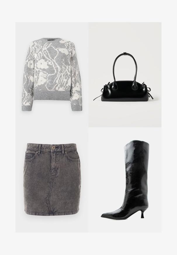 Pull en maille gris avec un motif floral blanc, col rond, et bords-côtes aux poignets et à l'ourlet, fabriqué dans un matériau doux.; Jupe en denim grise avec une texture côtelée verticale, dotée d'une fermeture à boutons sur le devant, de deux poches latérales et d'un ourlet droit.; Botte en cuir noire brillante, haute jusqu'au genou, avec bout pointu et talon bas courbé sur un fond clair uni.; Petit sac à main noir brillant avec deux longues anses et des détails à cordon sur les côtés sur un fond clair uni.
