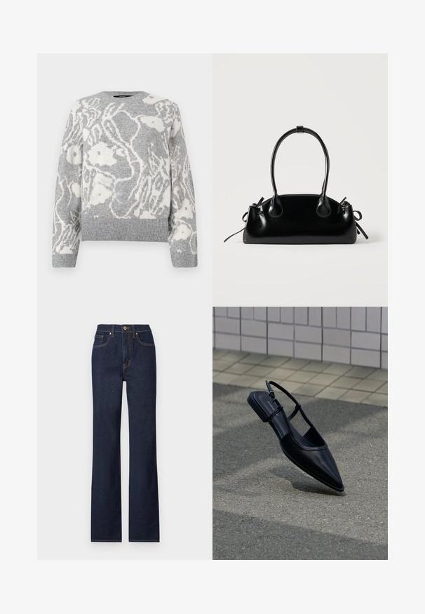 Grijze gebreide trui met een wit bloemenpatroon, ronde hals, en geribde manchetten en zoom, gemaakt van een zachte stof.; Donkerblauwe denim jeans met een rechte pijp, voorzien van een knoopsluiting aan de voorkant, vijf zakken en contrasterende stikdetails.; Zwarte platte schoen met puntige neus en slingback, zwevend boven een asfaltoppervlak naast een betegeld trottoir.; Kleine zwarte glanzende handtas met twee lange hengsels en zijkant trekkoord details op een effen lichte achtergrond.