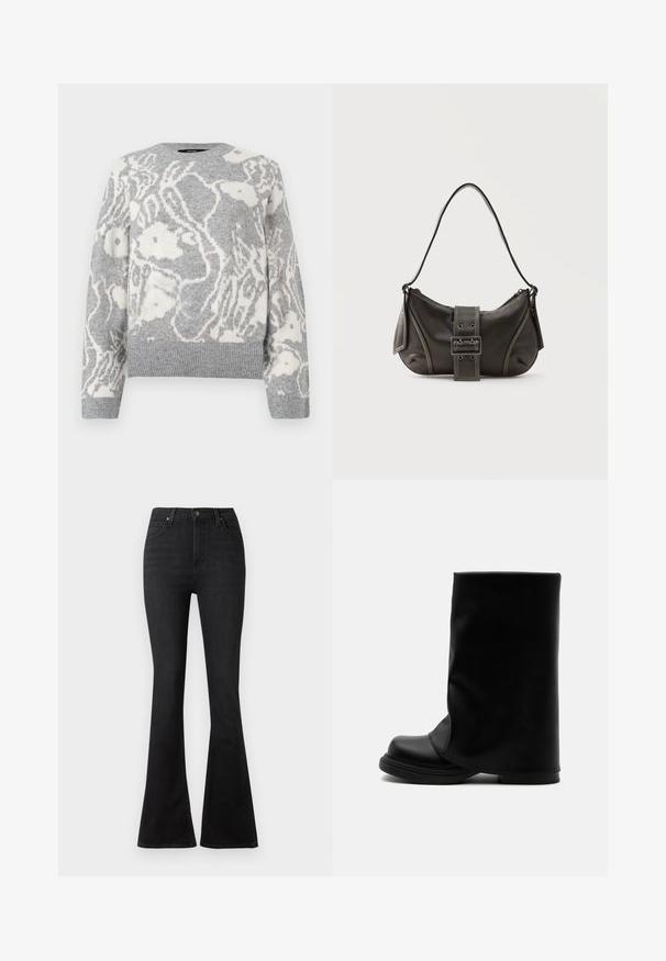 Grå strikket sweater med et hvidt blomstermønster, rund halsudskæring og ribbede manchetter og kant, fremstillet af blødt materiale.; Sorte flare jeans lavet af denim, med høj talje, forlommer og et klassisk fem-lomme design med metal knap hardware.; Sort høj læderstøvle med bred, løs øvre skaft og en tyk, rundet sål på hvid baggrund.; Sort læder skuldertaske med spænde på remmen, afrundede kanter og kontrasterende hvide syninger på en ensfarvet baggrund.