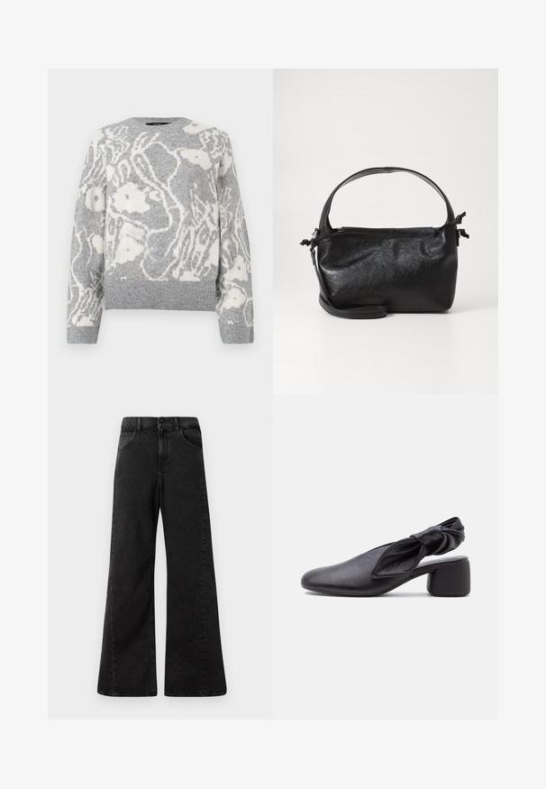 Grå strikket sweater med et hvidt blomstermønster, rund halsudskæring og ribbede manchetter og kant, fremstillet af blødt materiale.; Højtaljede sorte denim jeans med vidde ben-design, der har forlommer og en knaplukning i taljen.; Sort læder slingback-sko med rundet tå, detaljer med knyttet rem og lav blokhæl på hvid baggrund.; Sort læderhåndtaske med et struktureret design, rund tophåndtag og aftagelig skulderrem. Den har en glat tekstur og en subtil glans.