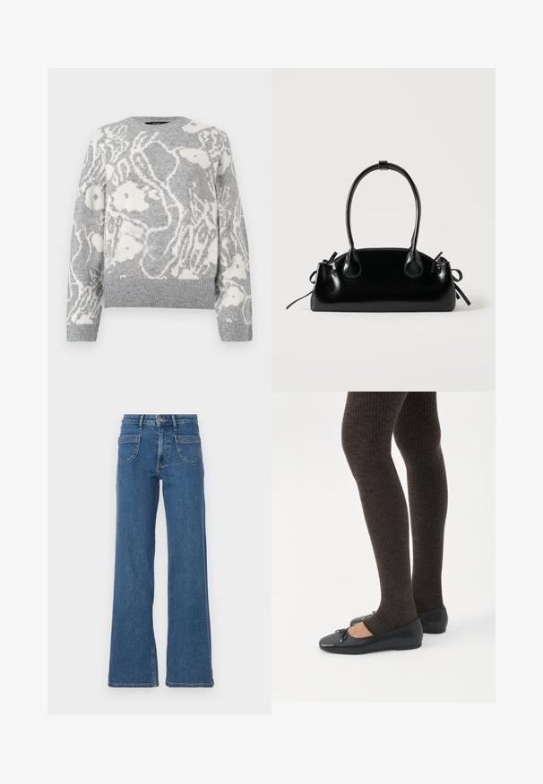 Grijze gebreide trui met een wit bloemenpatroon, ronde hals, en geribde manchetten en zoom, gemaakt van een zachte stof.; Blauwe denim wijde jeans met een hoge taille, vijf zakken, sluiting met een knop aan de voorkant en een licht vervaagde afwerking. Gestikte zomen en naden zijn zichtbaar.; Benen met donkere geribbelde leggings gecombineerd met zwarte ballerina's met kleine strikdetails op een witte achtergrond.; Kleine zwarte glanzende handtas met twee lange hengsels en zijkant trekkoord details op een effen lichte achtergrond.