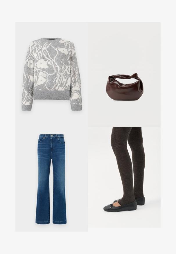 Suéter de punto gris con un patrón floral blanco, cuello redondo y puños y dobladillo acanalados, hecho de material suave.; Jeans de mezclilla azul de pierna ancha con una cintura alta, cinco bolsillos y un cierre de botón clásico. La tela tiene una textura suave y ligeramente deslavada.; Piernas con leggings oscuros acanalados combinados con bailarinas negras que presentan pequeños detalles de lazo sobre un fondo blanco.; Bolso de hombro de cuero marrón oscuro con una forma suave y caída, y un asa con nudo torcido sobre un fondo blanco liso.