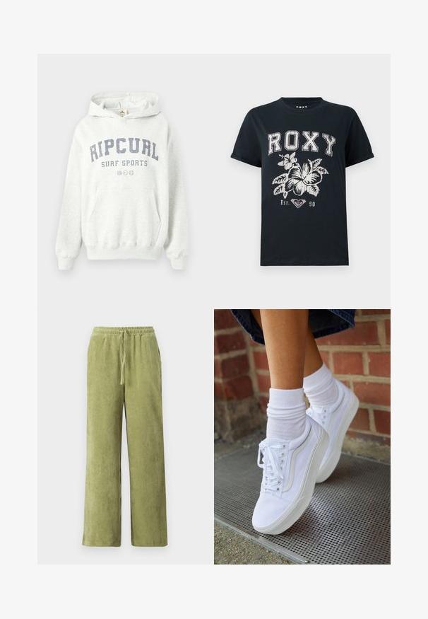 Grauer Baumwoll-Hoodie mit einer Fronttasche und gerippten Bündchen. "RIPCURL SURF SPORTS" in Dunkelblau quer über die Brust gedruckt.; Schwarzes Baumwoll-T-Shirt mit dem Text "ROXY" in Weiß, ergänzt durch ein florales Design und ein Herzsymbol. Kurzärmlig und mit lockerer Passform.; Grüne Cord-Hosen mit weitem Bein, elastischem Bund und Kordelzug. Vertikale Rillen im Stoff schaffen Textur.; Weiße Leinensneaker mit Gummisohlen, ausgestattet mit sechs Ösen, runder Zehenpartie und dezenten Nähten, kombiniert mit weißen Knöchelsocken.