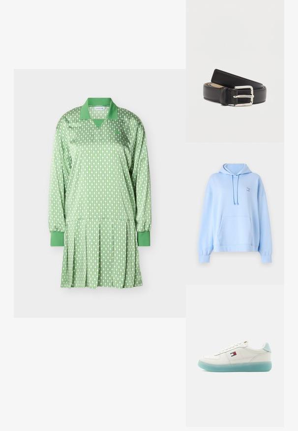 Sweat à capuche bleu clair en tissu doux, avec un cordon de serrage, une poche kangourou et des poignets côtelés. Petit logo sur le devant à gauche.; Robe verte à manches longues avec motif géométrique blanc, col et poignets verts, jupe plissée, logo Lacoste sur la poitrine.; Baskets basses blanches avec semelle translucide bleu clair et logo Tommy Jeans sur le côté, présentées de profil sur un fond blanc.; Ceinture en cuir noir roulée avec une boucle rectangulaire argentée sur un fond blanc uni.