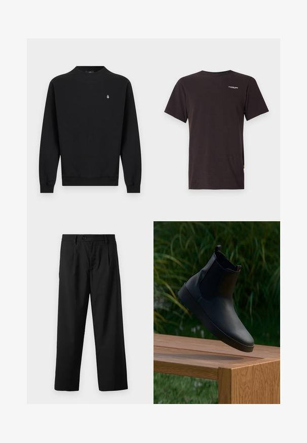 Sort langærmet sweatshirt med rund hals, ribstrikkede manchetter og kant, med en lille hvid logo på venstre bryst.; Sort bomulds T-shirt med korte ærmer og rund hals. Har et lille hvidt logo på den øverste brystdel og et gult mærke i kanten.; Sorte bukser med lige pasform, der har en enkelt knaplukning, to for-lommer og en glat, let stofstruktur.; Sort læder ankelstøvle med elastiske sidepaneler, glat overflade, afrundet tå og flad sål, placeret over et træt bord mod en grøn baggrund.