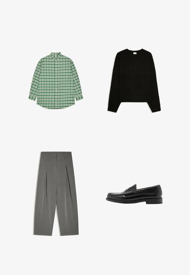Pull noir à manches longues en maille avec poignets, ourlet et col rond côtelés, posé à plat sur fond blanc.; Chemise à boutons à carreaux verts et blancs, manches longues, col, ourlet arrondi, avec un motif carré régulier et une texture subtile.; Pantalon gris à jambes larges, ajusté, avec plis à l'avant, fermeture par boutons et passants de ceinture, posé à plat sur un fond blanc.; Mocassin penny en cuir noir avec bout mocassin cousu, talon bas et finition lisse et polie, présenté de profil sur fond blanc.