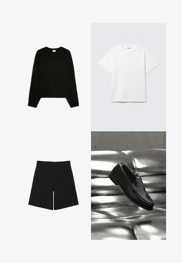 Zwarte lange mouwen gebreide trui met geribbelde manchetten, zoom en ronde halslijn, plat gelegd op een witte achtergrond.; Witte T-shirt met korte mouwen en ronde hals, plat gelegd, effen ontwerp, met een "WEEKDAY" label in de kraag op een lichte achtergrond.; Zwarte op maat gemaakte shorts met riemlussen, voorplooien en zijzakken, plat neergelegd op een witte achtergrond.; Zwarte leren loafer zweeft boven een glanzende zilveren leren bank met knopen in een minimalistische setting.