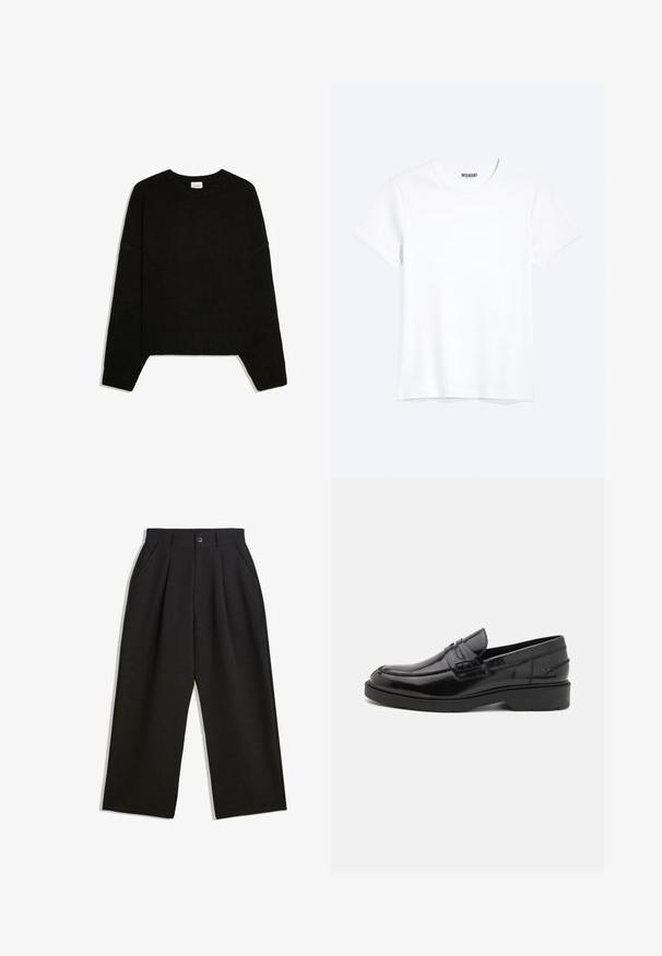 Pull noir à manches longues en maille avec poignets, ourlet et col rond côtelés, posé à plat sur fond blanc.; T-shirt blanc uni à manches courtes et col rond avec une étiquette de la marque WEEKDAY visible au niveau du col, présenté sur un fond clair.; Pantalons noirs à coupe décontractée, avec des plis à l'avant, des poches latérales et une fermeture à bouton. Fabriqués en tissu texturé.; Mocassins en cuir noir avec une finition lisse, un bout rond, un petit talon et descoutures décoratives à l'avant. Semelle en caoutchouc pour l'adhérence.