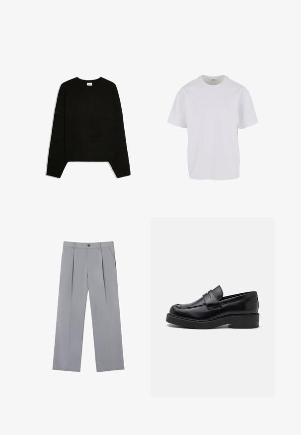 Pull noir à manches longues en maille avec poignets, ourlet et col rond côtelés, posé à plat sur fond blanc.; T-shirt blanc à manches courtes en coton doux, avec un col rond et une coupe décontractée à ourlet droit. Aucun motif ni accent visible.; Pantalons plissés gris à coupe décontractée, en tissu léger. Comprend des poches avant et une fermeture à bouton à la taille.; Mocassin en cuir noir avec un bout arrondi, des coutures décoratives à l'avant et une semelle en caoutchouc épaisse. Texture lisse avec une finition brillante.