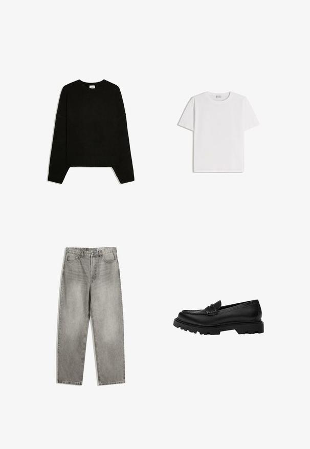 Pull noir à manches longues en maille avec poignets, ourlet et col rond côtelés, posé à plat sur fond blanc.; T-shirt en coton blanc avec un col rond et des manches courtes. Présente une coupe classique et carrée, sans motifs ni accents visibles.; Pantalons en denim gris avec une coupe droite, dotés de poches avant, d'une fermeture à bouton et d'une texture légèrement décolorée.; Mocassin en cuir noir avec une semelle robuste et texturée. Présente un bord décoratif en couture et un petit talon pour un design contemporain.