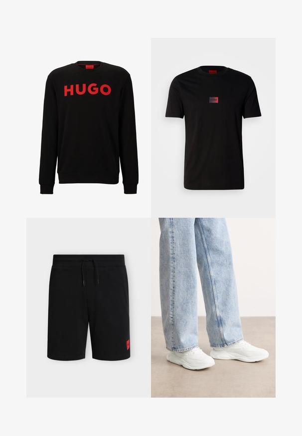 Sort sweatshirt med fremtrædende røde "HUGO"-bogstaver over brystet. Lange ærmer med ribbede manchetter og en klassisk rund halsudskæring.; Sort bomuld T-shirt med et lille rektangulært logo i gradient sort og rød på brystet. Korte ærmer og rund halsudskæring.; Sorte knælange shorts med elastisk taljebånd og snøre, med en lille rød rektangulær logo-patch på venstre underben.; Hvide atletik sneakers med et glat, formet design og teksturerede såler, parret med lyseblå, løstsiddende denim jeans.
