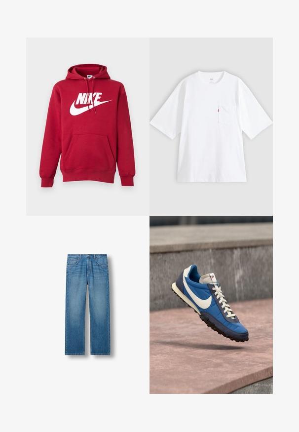Κόκκινο φούτερ Nike με λευκό λογότυπο swoosh, ρυθμιζόμενη κουκούλα με κορδόνι, μακριά μανίκια και μπροστινή τσέπη καγκουρό.; Άσπρο βαμβακερό t-shirt με κοντά μανίκια, στρογγυλή λαιμόκοψη και τσέπη στο αριστερό στήθος. Διαθέτει μικρό κόκκινο λογότυπο στην τσέπη.; Μπλε τζιν παντελόνι με ίσια γραμμή. Περιλαμβάνει πέντε τσέπες, θηλιές ζώνης και φθαρμένη εμφάνιση, τονίζοντας τις ανοιχτόχρωμες μπλε αποχρώσεις.; Μπλε και ναυτικό αθλητικό παπούτσι Nike με άσπρο λογότυπο και κορδόνια, αιωρούμενο πάνω από πέτρινη επιφάνεια με φόντο γκρι πέτρινο τοίχο.