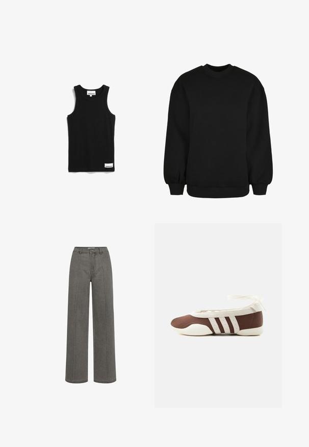 Zwarte sweatshirt met een ronde hals, lange mouwen met elastische manchetten en een geribde zoom. Gemaakt van zacht, textuurstof.; Zwart katoenen tanktop met een ronde halslijn, dikke schouderbanden en een klein wit merklabel nabij de zoom. Klassieke pasvorm, minimalistisch ontwerp.; Sofie Schnoor Straight leg jeans - grey denim; Bruine en witte ballerinaschoenen met drie witte strepen en een strik om de enkel op een effen lichte achtergrond.
