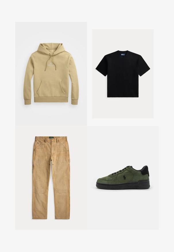 Polo Ralph Lauren LOGO DOUBLE-KNIT HOODIE - Φούτερ με κουκούλα - beige; Μαύρο απλό T-shirt με κοντά μανίκια και στρογγυλή λαιμόκοψη, με μικρή ετικέτα Polo Ralph Lauren στην εσωτερική πλευρά του γιακά, σε λευκό φόντο.; Κίτρινες καμπάνες με ενισχυμένα γόνατα, πολλαπλές τσέπες, βρόχους ζώνης και λεκέδες από μπογιά, τοποθετημένες επίπεδες σε λευκό φόντο.; Πράσινα σουέτ αθλητικά παπούτσια με μαύρες λεπτομέρειες, στρογγυλή μύτη, σχέδιο με κορδόνια και υφασμάτινη σόλα. Διαθέτει ένα μικρό λογότυπο στο πλάι.