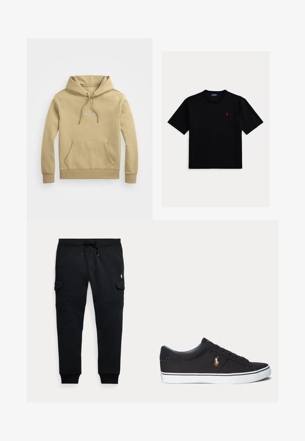 Polo Ralph Lauren LOGO DOUBLE-KNIT HOODIE - Mikina s kapucňou - beige; Čierne tričko s krátkym rukávom z bavlny, s okrúhlym výstrihom a malým červeným logom polo na ľavej strane hrudníka.; Čierne cargo jogger nohavice s šnúrkou v páse, bočné vrecká s chlopňou, rebrované manžety a malé biele logo hráča póla na pravej stehne.; Čierna nízka teniska s bielou podrážkou a vyšitým logom hráča póla na boku, s šnurovaním a textúrovaným vrchným materiálom.