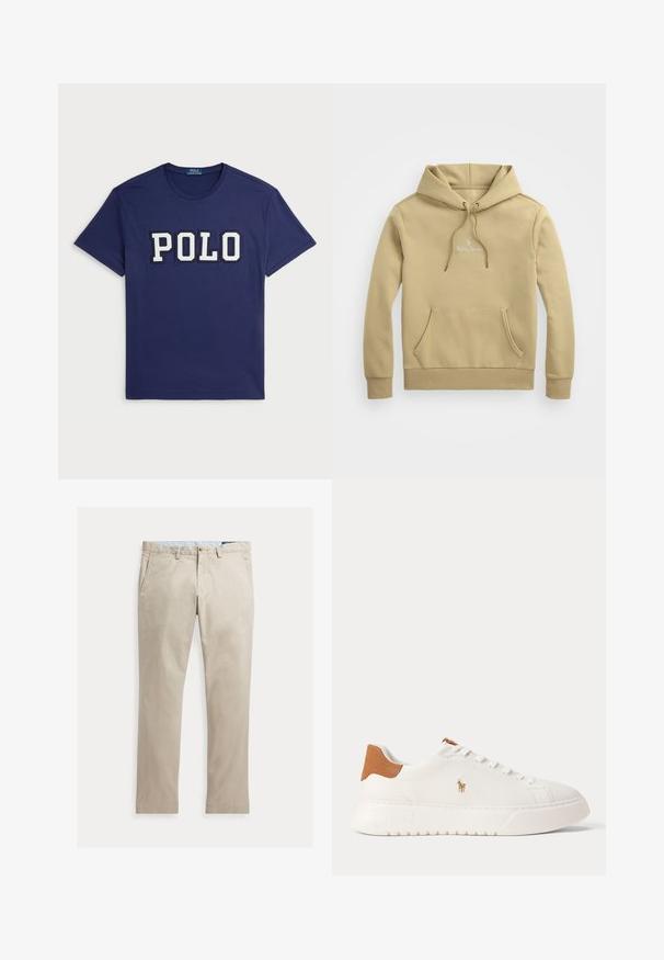 Polo Ralph Lauren LOGO DOUBLE-KNIT HOODIE - Mikina s kapucňou - beige; Námornícky modré tričko vyrobené z bavlny, s veľkým bielym grafickým nápisom "POLO", okrúhlym výstrihom a krátkymi rukávmi.; Béžové rovné bavlnené nohavice s prednými vreckami, pútkami na opasok, zapínaním na gombík a zipsom, zobrazené položené na bielom pozadí.; Biely nízky teniska s béžovou pätovou záložkou, bielymi šnúrkami a malým vyšívaným logom hráča póla na boku nad tlustou podrážkou.