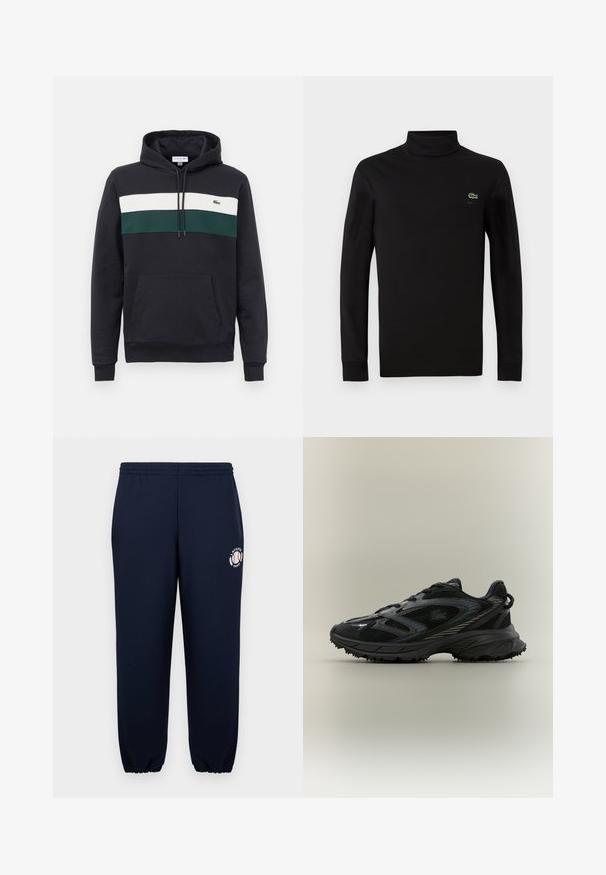 Schwarzer Kapuzenpullover mit weißen und grünen horizontalen Streifen über der Brust und einer vorderen Kängurutasche.; Schwarzes langärmeliges Turtleneck aus glattem Baumwollstoff, mit einem kleinen grünen Krokodil-Logo auf der linken Brust.; Navyblaue Sweatpants aus weichem Baumwollmaterial mit elastischen Bündchen und Bund. Mit einem weißen Lacoste Paris Logo auf dem linken Bein.; Schwarzer Sportschuh mit Netz панели, einer strukturierten Sohle, Schnürsenkeln und einer geschwungenen Silhouette mit silbernen Akzenten an den Seiten.