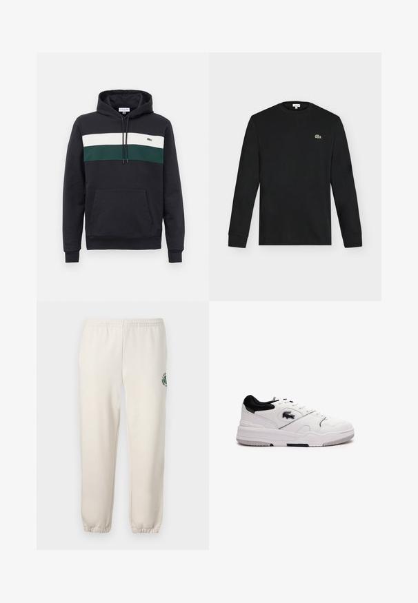 Sudadera negra con capucha, con franjas horizontales blancas y verdes en el pecho y un bolsillo tipo canguro en la parte delantera.; Camiseta negra de manga larga con cuello redondo y pequeño logo verde de cocodrilo en el pecho izquierdo, mostrada sobre un fondo claro y liso.; Pantalones de chándal de color beige claro, hechos de algodón, con una cinturilla elástica, puños acanalados y un logo verde con diseño de hoja en la pierna izquierda.; Zapatilla blanca con acentos negros, material sintético, punta redonda, diseño con cordones, parte superior texturizada y suela de goma con patrón de agarre.