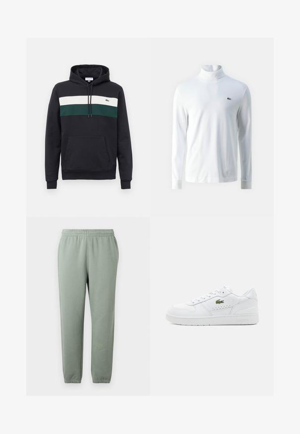 Zwarte hooded sweatshirt met witte en groene horizontale strepen over de borst en een voorzak in kangoeroestijl.; Witte lange mouw turtleneck shirt van zachte stof, met een klein groen geborduurd logo op de borst en aansluitende manchetten.; Lichtgroene sweatpants met een elastische tailleband, taps toelopende pijpen en opgerolde enkelboorden. Gemaakt van zachte, lichte stof.; Witte leren sneakers met geperforeerde accenten, platte veters en een klein groen logo aan de zijkant. Rubberen zool en gewatteerde kraag voor comfort.