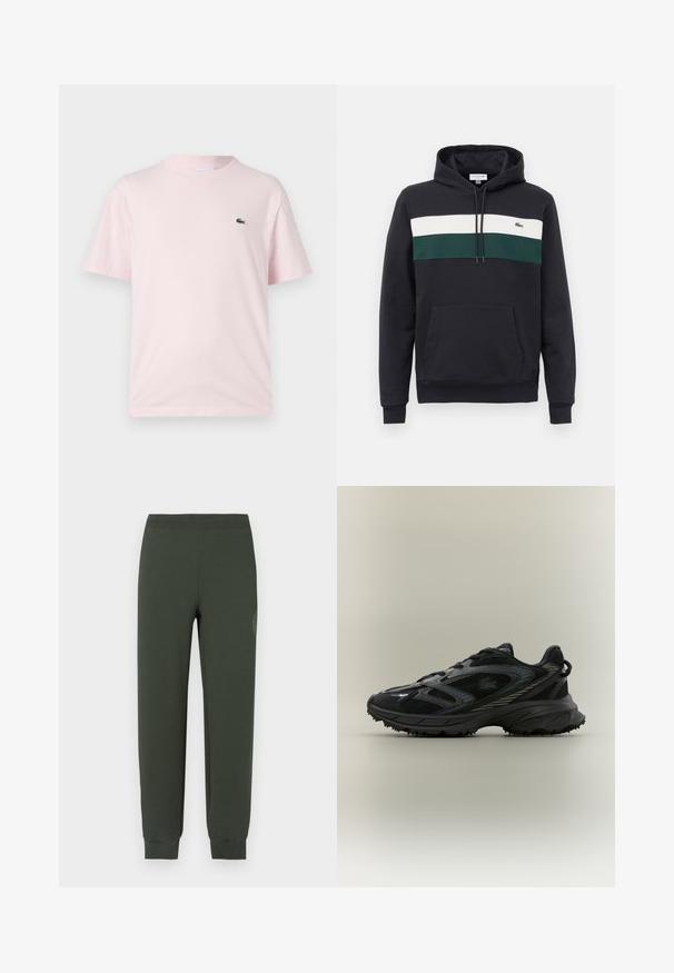 Sudadera negra con capucha, con franjas horizontales blancas y verdes en el pecho y un bolsillo tipo canguro en la parte delantera.; Camiseta de algodón de color rosa claro con mangas cortas. Presenta un pequeño logo bordado en verde en el lado izquierdo del pecho. Diseño de cuello redondo.; Pantalones deportivos verdes con cintura y puños elásticos, con una textura suave y un detalle de logotipo tonal en el muslo izquierdo.; Zapatilla deportiva negra con paneles de malla, suela texturizada, cordones y una silueta curvada con acentos plateados en los laterales.