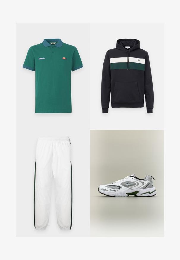 Zwarte hooded sweatshirt met witte en groene horizontale strepen over de borst en een voorzak in kangoeroestijl.; Groene polo shirt van katoen met een contrasterende blauwe kraag en manchetten. Heeft een geborduurd logo en een klein kleurrijk ontwerp op de borst.; Witte trainingsbroek met donkergroene zijpanelen. Lichtgewicht materiaal, elastische tailleband en boordjes aan de onderkant. Heeft een meshstructuur op de zijpanelen.; Witte en grijze sportieve hardloopschoen met meshpanelen, groene accenten, zwarte details en een logo aan de zijkant, getoond vanaf de buitenkant.