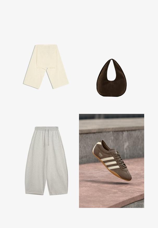 Fladlagt cremefarvet strikket tørklæde med rene kanter, der viser tekstur og blødt stof på hvid baggrund.; Lys grå brede sweatpants med elastisk talje og snørebånd, udstyret med sidelommer og afslappet pasform.; Brun ruskindssneaker med hvide striber og branding, med rund tå og ydersål af gummibelagt gummi, hængende over en struktureret overflade.; Mørkebrun ruskind skuldertaske formet som en halvmåne med en bred rem og glat tekstur på en hvid baggrund.
