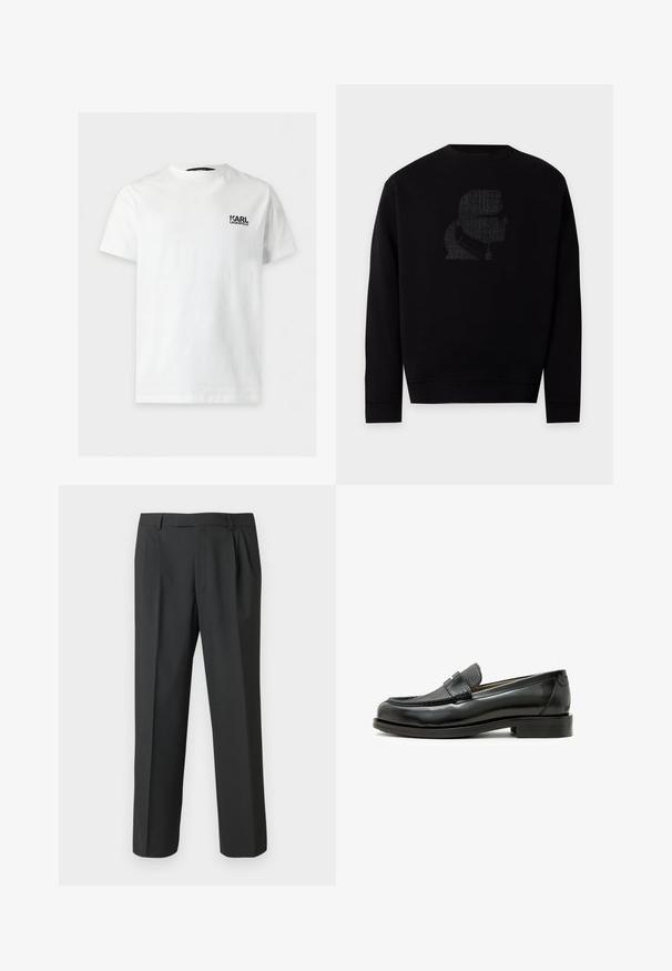 Sweat-shirt noir à manches longues avec une silhouette subtilement texturée d'une personne portant des lunettes de soleil et une queue de cheval sur la poitrine.; T-shirt blanc à manches courtes et col rond avec petit logo noir "KARL LAGERFELD" sur la poitrine gauche.; Pantalon noir en tissu lisse, avec une coupe droite, un devant plissé et une taille standard avec passants pour ceinture.; Mocassin en cuir noir avec une pièce en cuir texturé noir, bout rond et petit talon carré ; présente un détail métallique décoratif.
