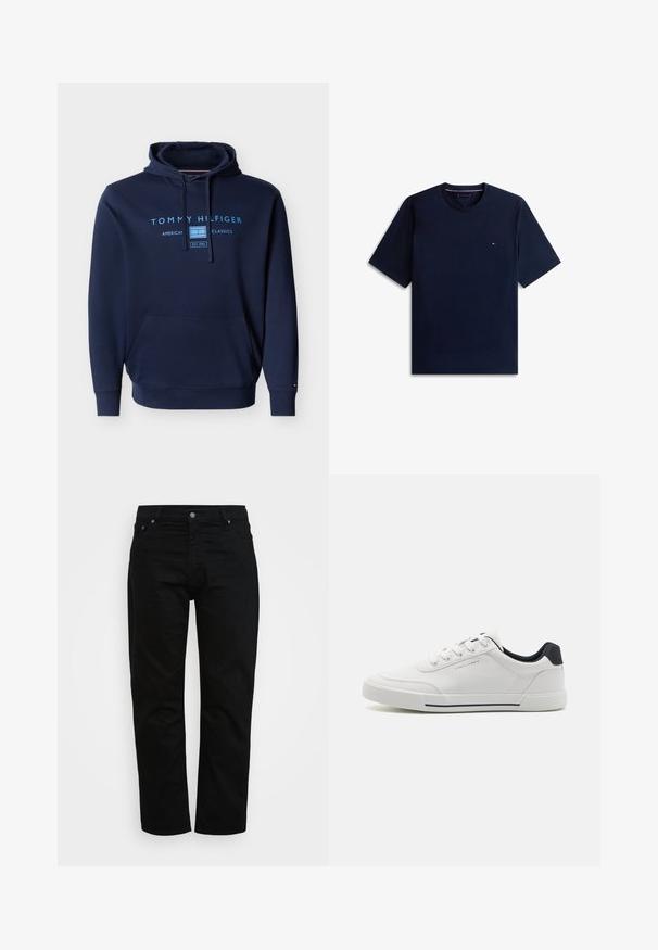 Marineblå hættetrøje med forlomme, snøre og lyseblåt "Tommy Hilfiger American Classics" tekst og logo på brystet.; Navyblå t-shirt med korte ærmer og rund halsudskæring med lille rød, hvid og blå logo på venstre bryst.; Sorte jeans lavet af bomuld, med klassisk snit, fem-lomme design og metalknaplukning. Glat tekstur med lige ben.; Hvide sneakers med en glat syntetisk overdel, rund tå, snørebåndsdesign, marineblå accent på hælen og en tekstureret gummisål med en sort stribe.