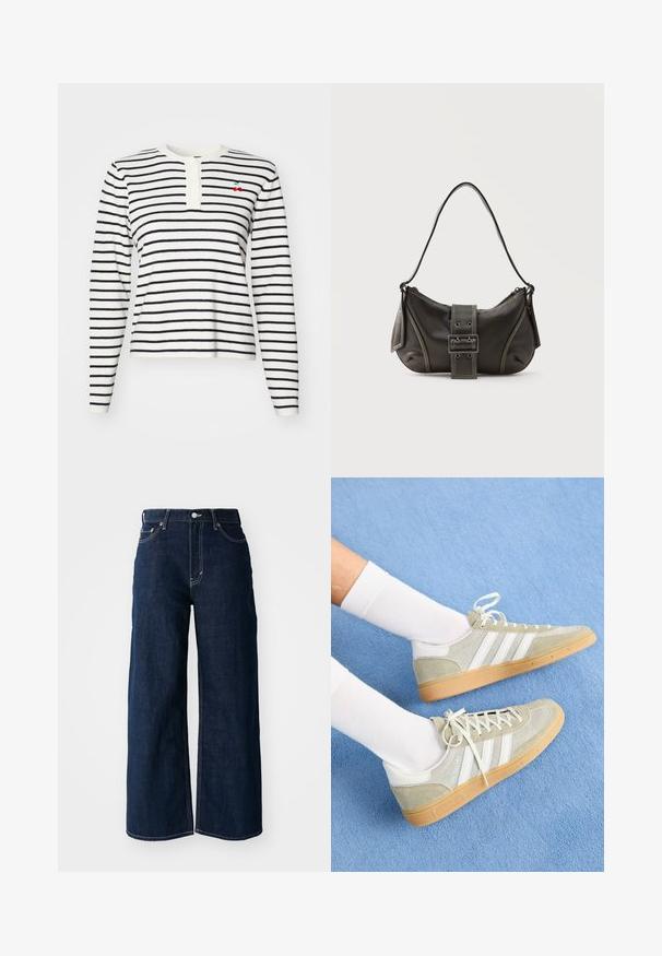 Camiseta de manga larga a rayas en blanco y azul marino, con un cuello henley con botones y un pequeño detalle de cereza bordado en el pecho.; Vaqueros de mezclilla oscuros de pierna ancha con costuras de contraste, diseño de cinco bolsillos y cierre de botón en la cintura.; Zapatillas de ante gris claro con acentos de goma blanca, que presentan tres franjas blancas y una suela de goma, llevadas con calcetines blancos sobre un fondo azul.; Bolso de hombro de cuero negro con detalle de correa con hebilla, bordes curvos y costuras blancas en contraste sobre un fondo liso.