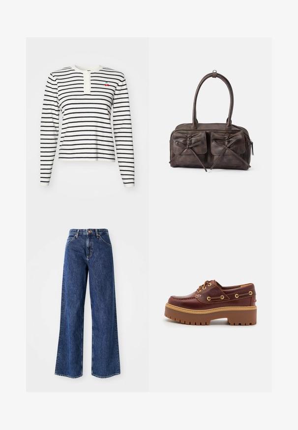 Langærmet stribet bluse i hvid og marineblå, med en henley-udskæring og knapper samt en lille broderet kirsebærdetalje på brystet.; Bredde jeans i blå denim med høj talje, synlige sømme, forlommer og en let falmet tekstur.; Brune læder bådsko med en kraftig brun gummisål, gyldne snørehuller og kontraststing. Har et logo på siden.; Brun læder håndtaske med to forlommer der har snore, rundede håndtag og lynlåslukning. Glat tekstur med en subtil glans.