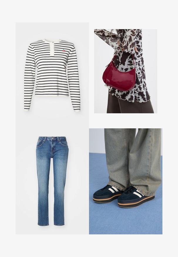T-shirt à manches longues à rayures blanches et bleu marine, avec un col henley à boutons et un petit détail cerise brodé sur la poitrine.; Jean en denim bleu avec une coupe droite, présentant un design classique à cinq poches et une finition légèrement délavée. Les détails incluent une fermeture à bouton et une fermeture éclair.; Baskets plateforme en suédine bleu foncé avec des rayures blanches et des lacets noirs. Dotées d'une épaisse semelle en caoutchouc brun. Portées avec un pantalon en denim bleu clair.; Femme portant un chemisier à motif noir et blanc tenant un sac à main rouge brillant sur un fond uni.