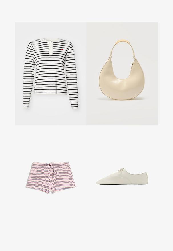 T-shirt à manches longues à rayures blanches et bleu marine, avec un col henley à boutons et un petit détail cerise brodé sur la poitrine.; Shorts blancs avec des rayures horizontales rouges et bleues, taille élastique et cordon de serrage à l'avant.; Chaussure plate blanche en cuir minimaliste à bout pointu, lacets à l'avant et semelle noire vue de profil sur fond blanc.; Sac à main crème en forme de croissant avec une poignée courte ornée d'un accent en métal doré et une fermeture éclair latérale.