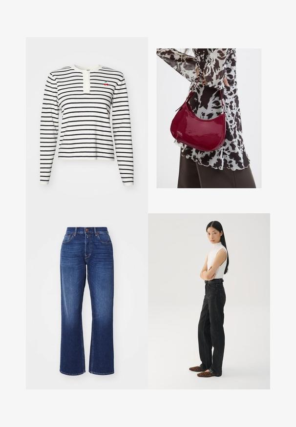 T-shirt à manches longues à rayures blanches et bleu marine, avec un col henley à boutons et un petit détail cerise brodé sur la poitrine.; Jean en denim bleu foncé avec une coupe large, taille haute, poches avant et fermeture à bouton. Présente une légère décoloration et des coutures contrastantes.; Jean noir à large jams avec une taille haute, associé à un haut sans manches texturé blanc et des ballerines marron à imprimé léopard. Un style simple et moderne.; Femme portant un chemisier à motif noir et blanc tenant un sac à main rouge brillant sur un fond uni.