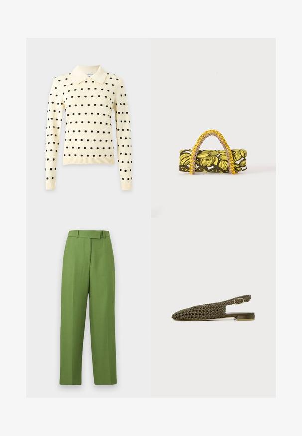 Pull en tricot crème à manches longues avec des pois noirs et un col pointu sur un fond clair uni.; Pantalon vert taille haute à jambes droites avec passants pour ceinture, fermeture éclair avant et large ceinture, présenté sur un fond blanc.; Chaussure slingback plate tissée vert olive avec un petit talon carré et une bride à boucle dorée réglable.; Sac rectangulaire avec motif floral jaune et noir et anse tressée jaune et rose sur fond blanc.