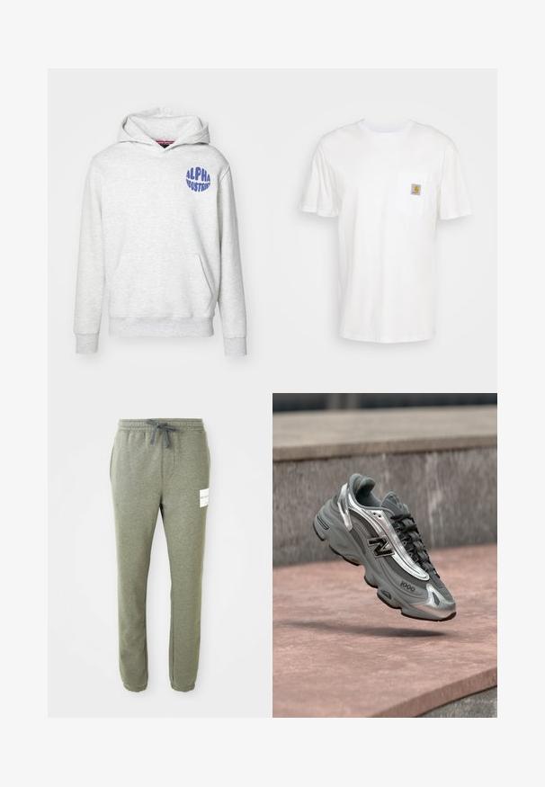 Lys grå hættetrøje lavet af blødt materiale. Har en forlomme og et blåt "ALPHA INDUSTRIES" logo på den øverste venstre side.; Hvid bomulds T-shirt med korte ærmer, en brystlomme, og et lille firkantet logo patch i orange og hvid på lommen.; Heather grå tapered sweatpants med elastik i taljen, snørebånd, sidelommer, ankelflæng og et lille hvidt mærke på højre lår.; Grå og sølvfarvet New Balance-sneaker mærket "1000", der svæver over en rosafarvet stenet overflade med en grå stenvæg i baggrunden.