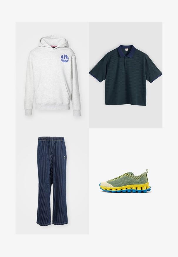 Hellgraue Kapuzenjacke aus weichem Material. Besitzt eine Fronttasche und ein blaues "ALPHA INDUSTRIES"-Logo auf der oberen linken Seite.; Dunkelgrünes Poloshirt mit marineblauem Kragen, kurzen Ärmeln und dezenten horizontalen Streifen. Mit besticktem Logo auf der Brust.; Marine gestreifte Hose mit hellblauen vertikalen Streifen, elastischem Bund, weit geschnittenem Bein und kleinem Logo an der Seite. Der Stoff hat eine glatte Textur.; Grün-weiße Mesh-Sneaker mit einer gelben Zwischensohle und blauer Außensohle. Verfügen über eine gestreifte Textur und kontrastreiche gelbe Schnürsenkel.