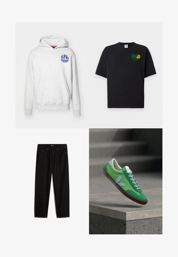 Hoodie gris clair en matériau doux. Il présente une poche frontale et un logo bleu "ALPHA INDUSTRIES" sur le côté supérieur gauche.; T-shirt en coton noir à manches courtes. Présente un graphique "Worldwide Hoops" vert et jaune sur le devant. Coupe ample, encolure ronde.; Vans Jean boyfriend - black; Baskets en cuir vert à texture lisse, avec des accents bleu clair, une semelle en caoutchouc marron et des lacets contrastants.