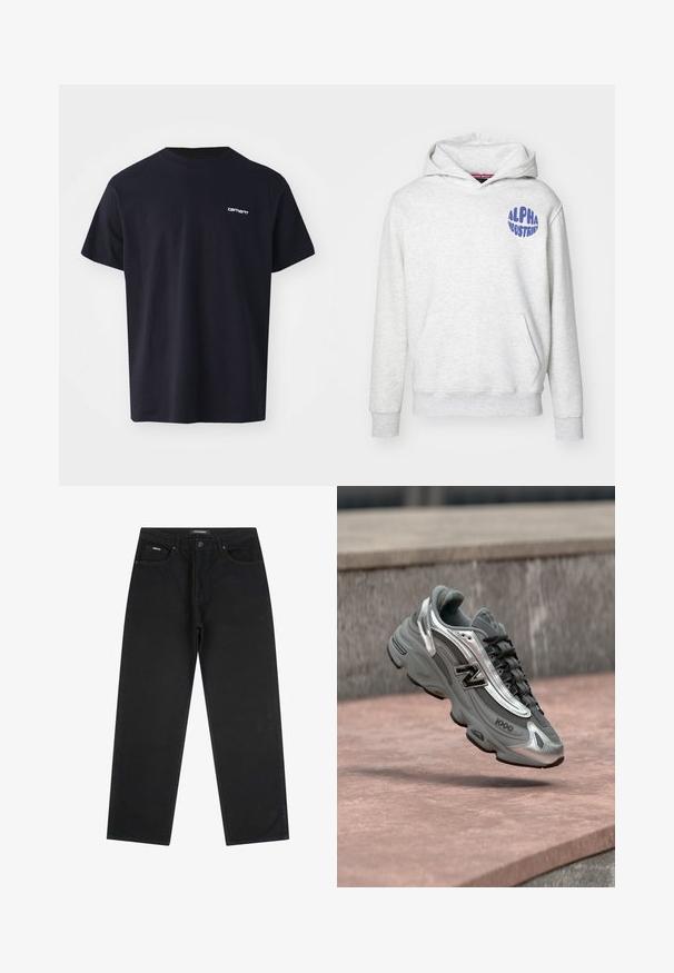 Hellgraue Kapuzenjacke aus weichem Material. Besitzt eine Fronttasche und ein blaues "ALPHA INDUSTRIES"-Logo auf der oberen linken Seite.; Schwarzes Baumwoll-T-Shirt mit kurzen Ärmeln, Rundhalsausschnitt und einem dezenten weißen Logo im linken Brustbereich. Glatte Textur, normale Passform.; Schwarze Jeans mit geradem Bein, fünf Taschen, Knopfverschluss und Gürtelschlaufen, Größe 32.; Grauer und silberner New Balance Sneaker mit der Aufschrift "1000", der über einer rosa-steinernen Oberfläche vor einem grauen Steinmauer-Hintergrund schwebt.