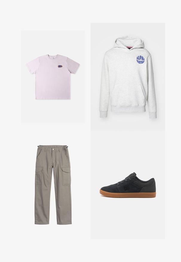 Hellgraue Kapuzenjacke aus weichem Material. Besitzt eine Fronttasche und ein blaues "ALPHA INDUSTRIES"-Logo auf der oberen linken Seite.; Rosa Baumwoll-T-Shirt mit kurzen Ärmeln, das ein kleines mehrfarbiges Logo auf der linken Brustpartie zeigt. Einfaches, legeres Design.; Cargo-Hosen aus hellgrauem Stoff, mit zwei großen Seitentaschen, Fronttaschen, einem Knopfverschluss und lockerer Passform.; Dunkelgraue Wildledersneaker mit gummiertem beigem Schuhboden, ausgestattet mit einem schwarzen Logo an der Seite und strukturierten Akzenten im Obermaterial.